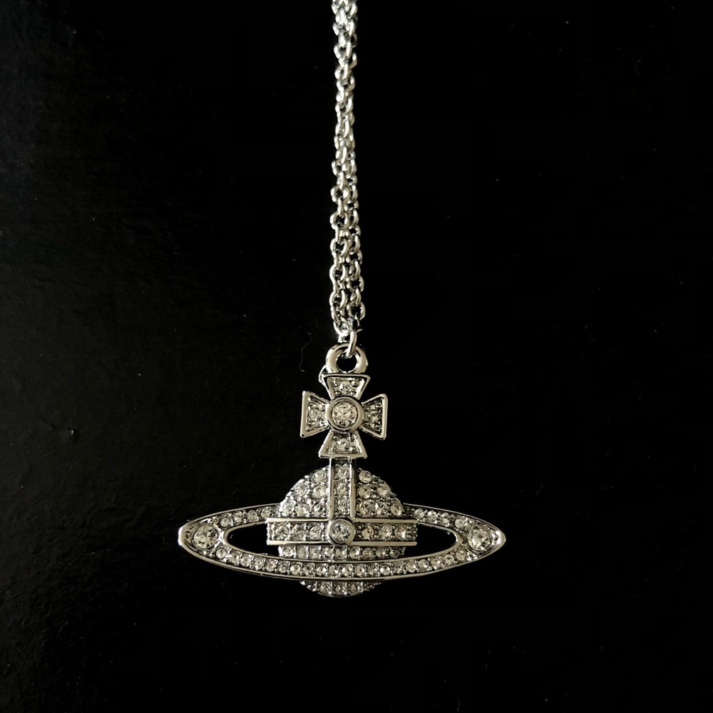 Silver Saturn Orb Necklace W/Clear Jewels